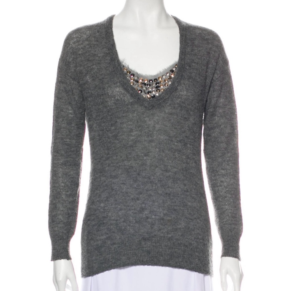 Tory Burch Wool Alpaca Blend Sequin V-Neck Pullover Sweater Gray Size XS